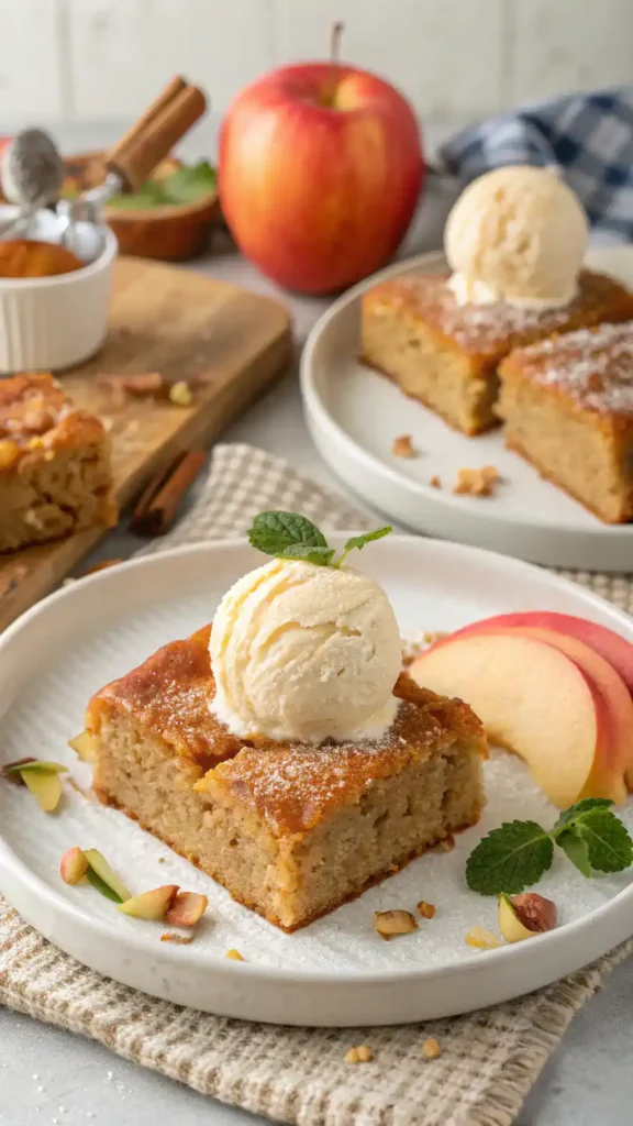 Slices of Amish Applesauce Cake served with fresh fruit and ice cream.