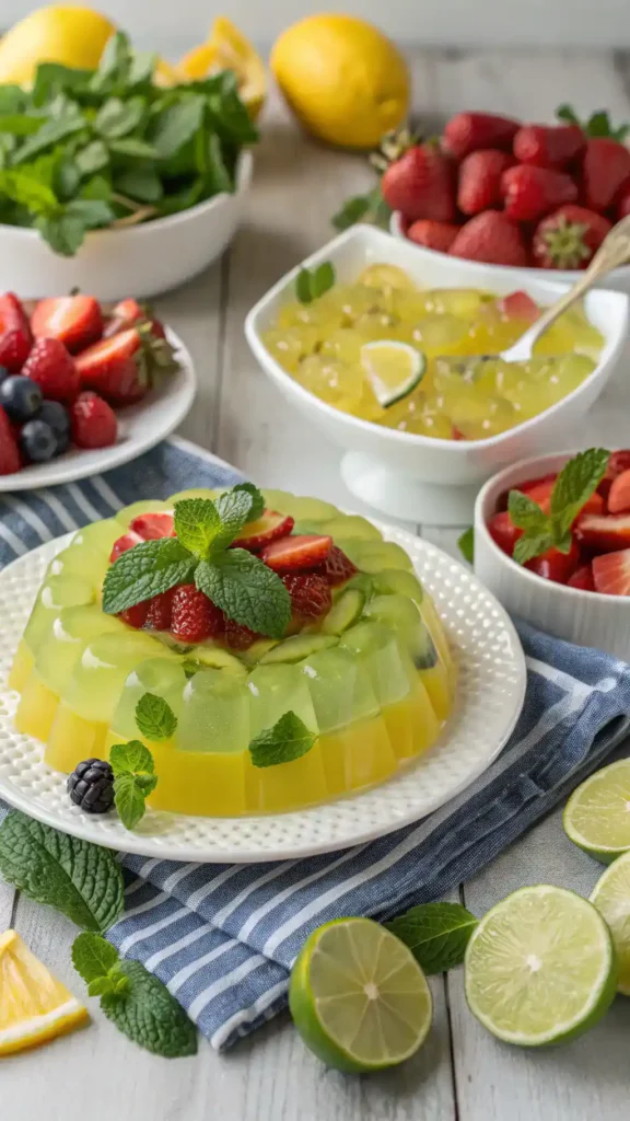 A beautifully arranged table with Lemon Lime Jello Salad and fresh fruits.