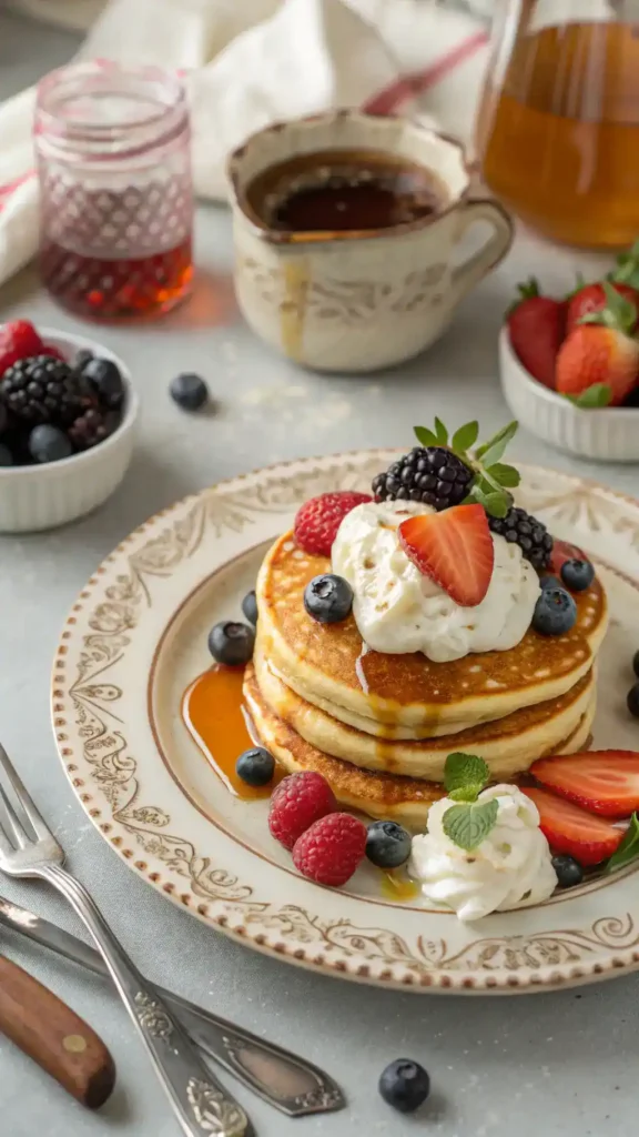 Serving pancakes with toppings