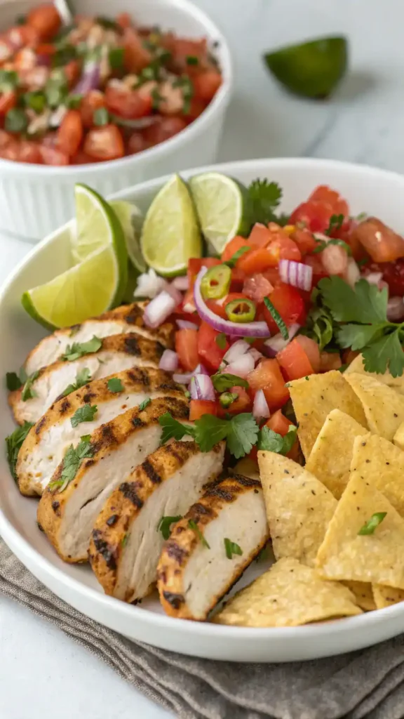 A plate featuring Pico de Gallo served with grilled chicken and tortilla chips, garnished with lime wedges.