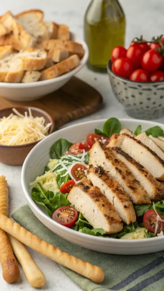Serving suggestions for Olive Garden Salad including grilled chicken and breadsticks.