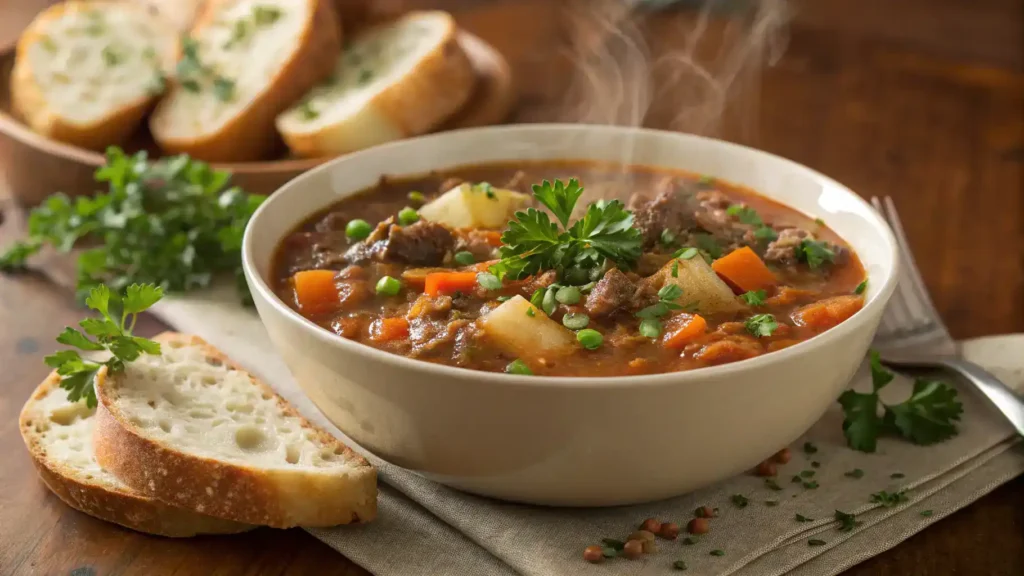 A bowl of Shepherd's Pie Soup garnished with parsley and served with bread.