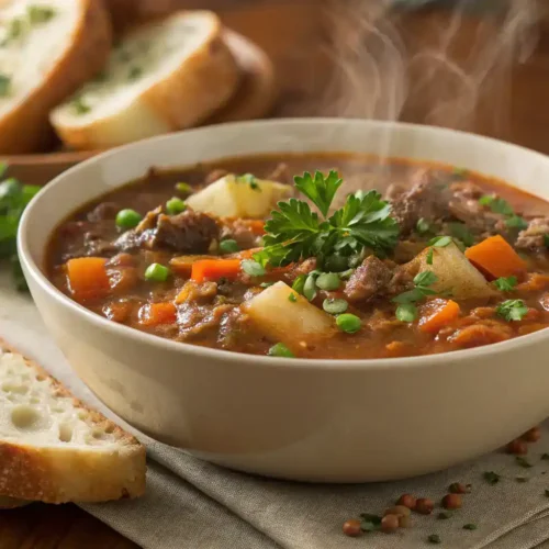A bowl of Shepherd's Pie Soup garnished with parsley and served with bread.