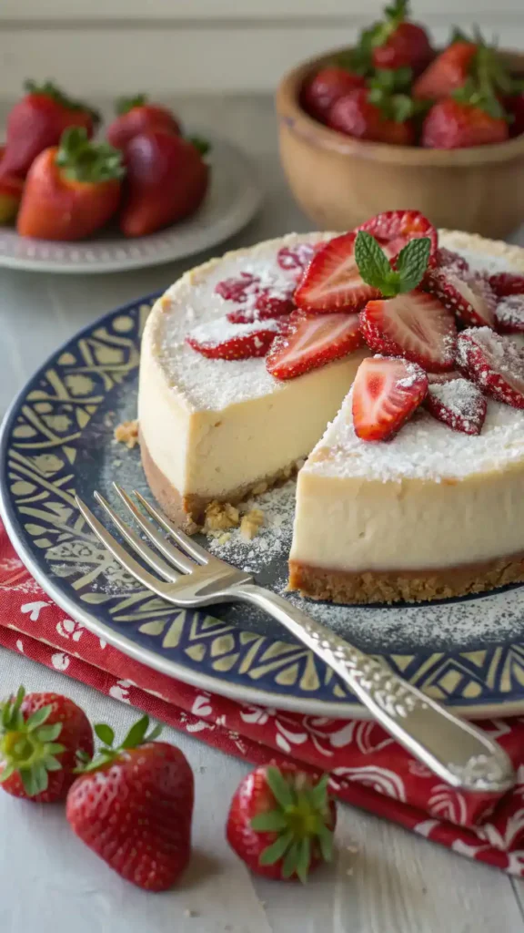 A perfectly sliced Strawberry Cheesecake on a decorative plate with fresh strawberries.