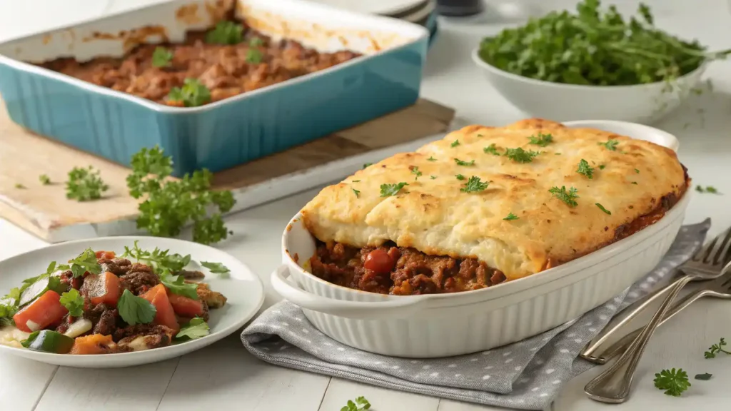 A freshly baked Sloppy Joe Casserole served with a side salad.