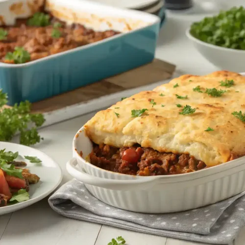 A freshly baked Sloppy Joe Casserole served with a side salad.