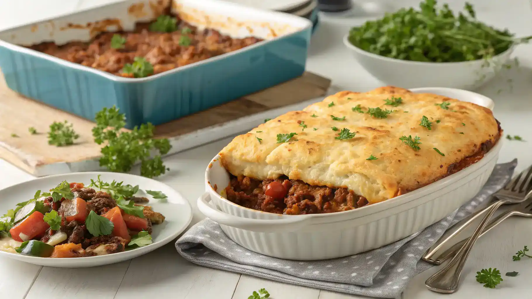A freshly baked Sloppy Joe Casserole served with a side salad.