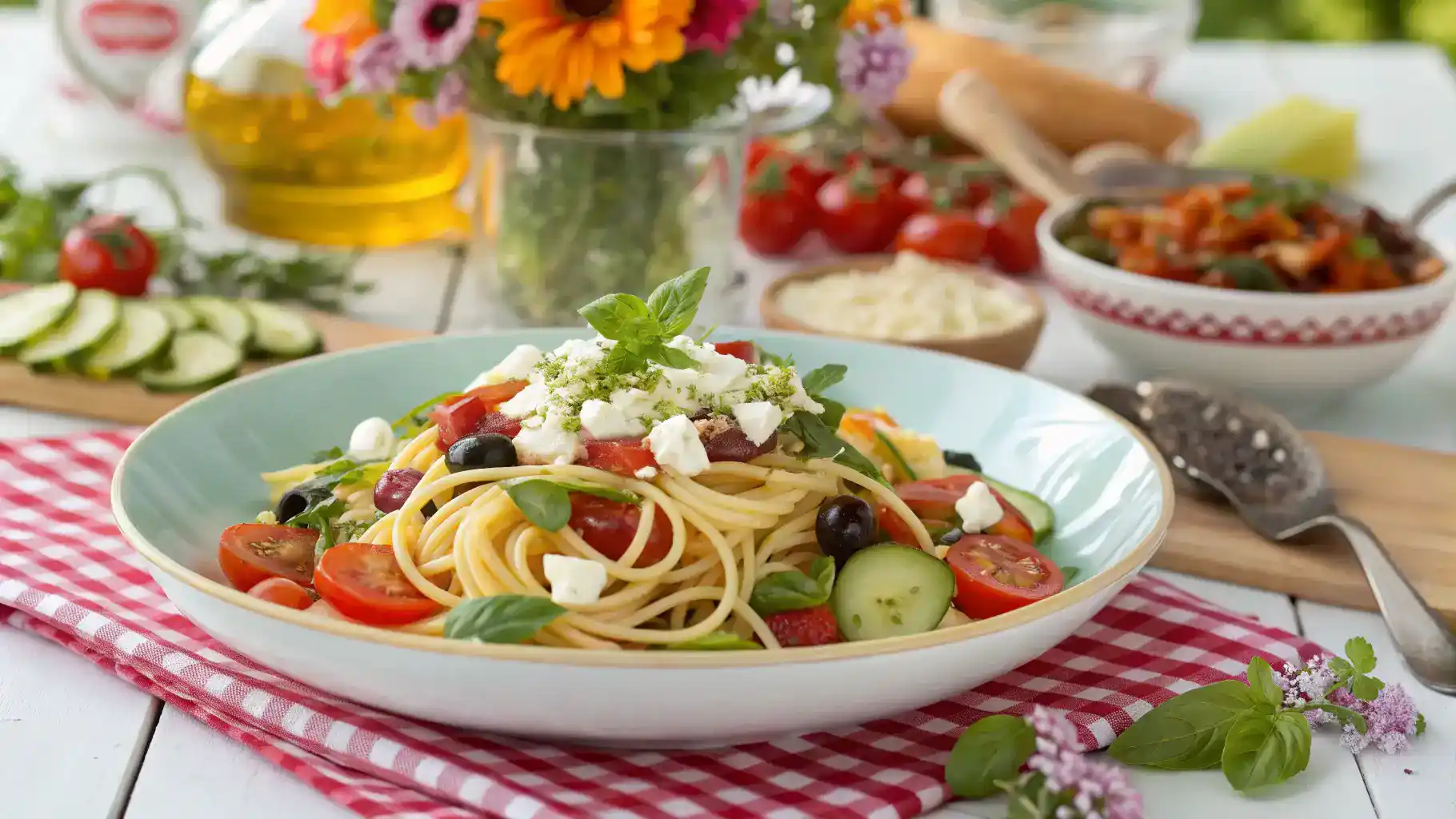 A beautifully plated Spaghetti Salad garnished with herbs and feta cheese.