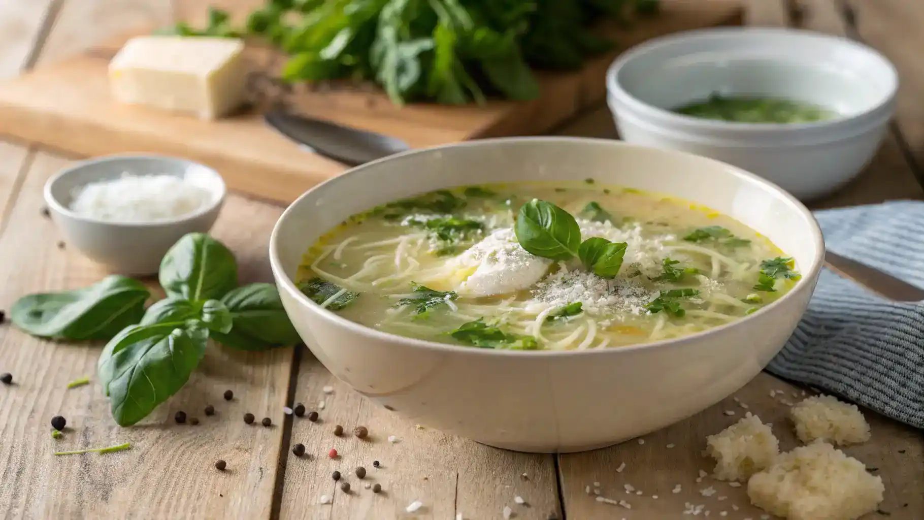 A bowl of Stracciatella Soup garnished with herbs and Parmesan cheese.