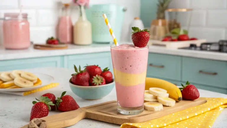 A refreshing Strawberry-Banana Protein Smoothie served in a glass with garnishes.
