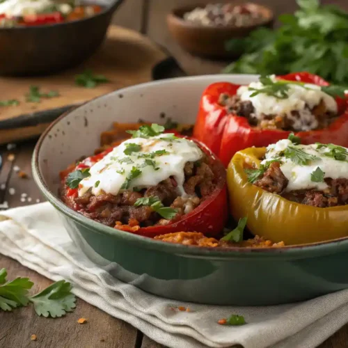 A finished Stuffed Pepper Skillet served in a bowl, garnished with fresh herbs and cheese.