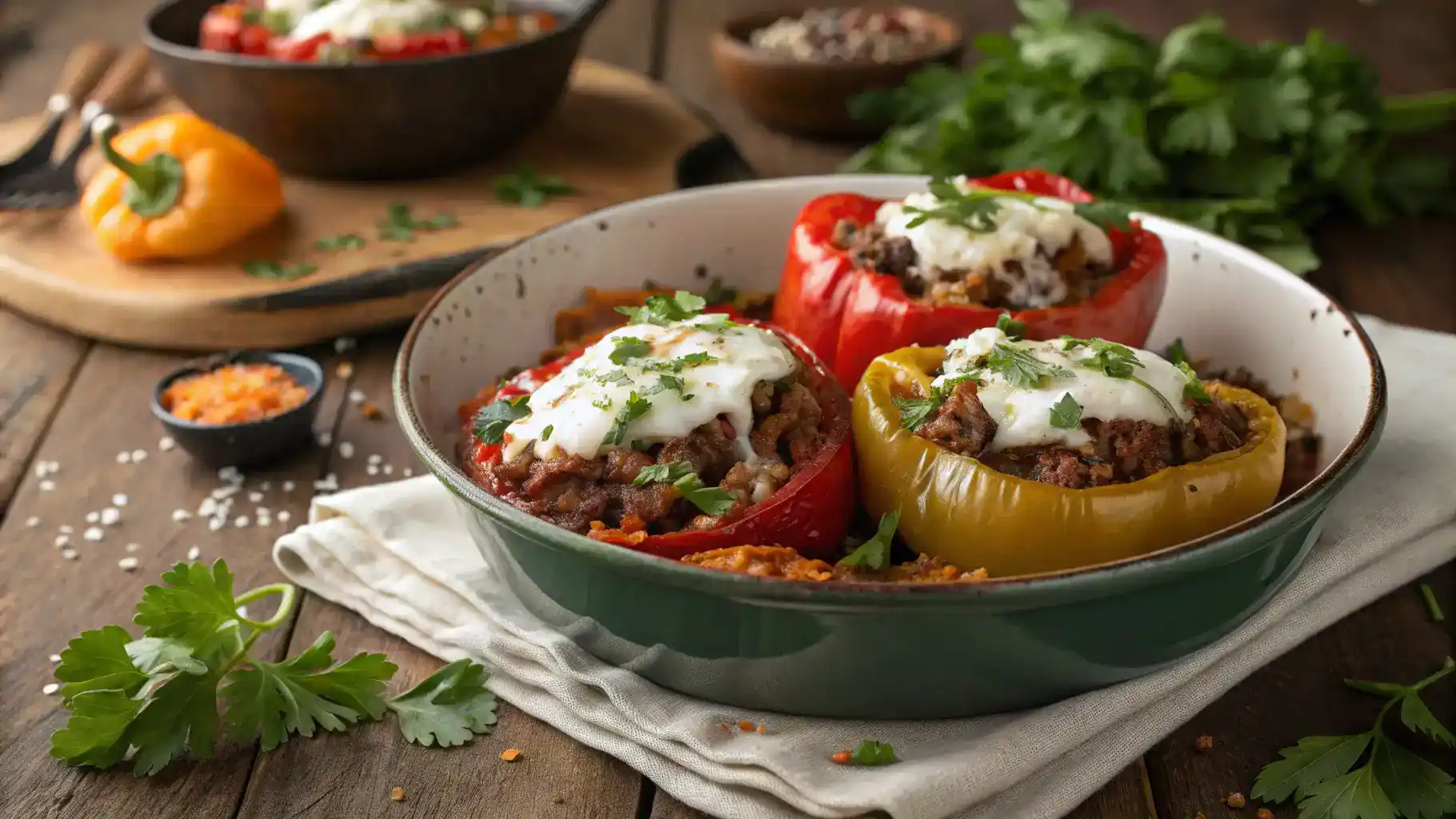 A finished Stuffed Pepper Skillet served in a bowl, garnished with fresh herbs and cheese.