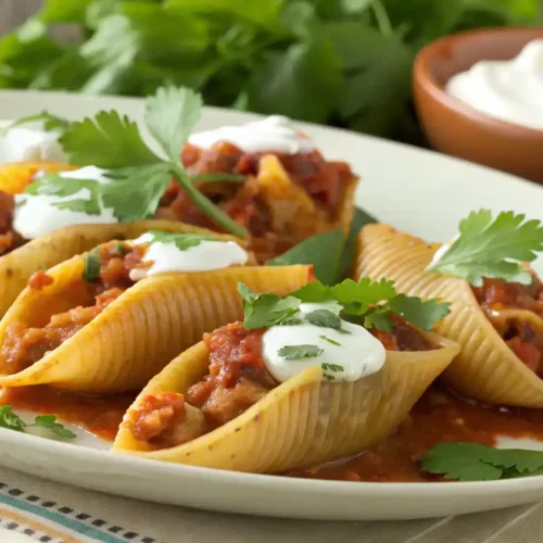 A delicious plate of Taco Stuffed Shells topped with cheese and garnished with cilantro.