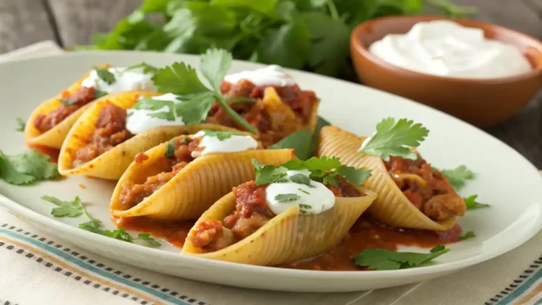 A delicious plate of Taco Stuffed Shells topped with cheese and garnished with cilantro.