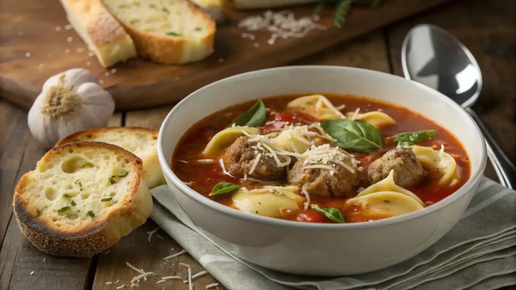 A cozy bowl of Tortellini Meatball Soup with garlic bread on the side, garnished with basil and Parmesan.