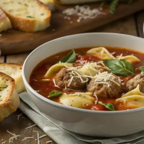 A cozy bowl of Tortellini Meatball Soup with garlic bread on the side, garnished with basil and Parmesan.