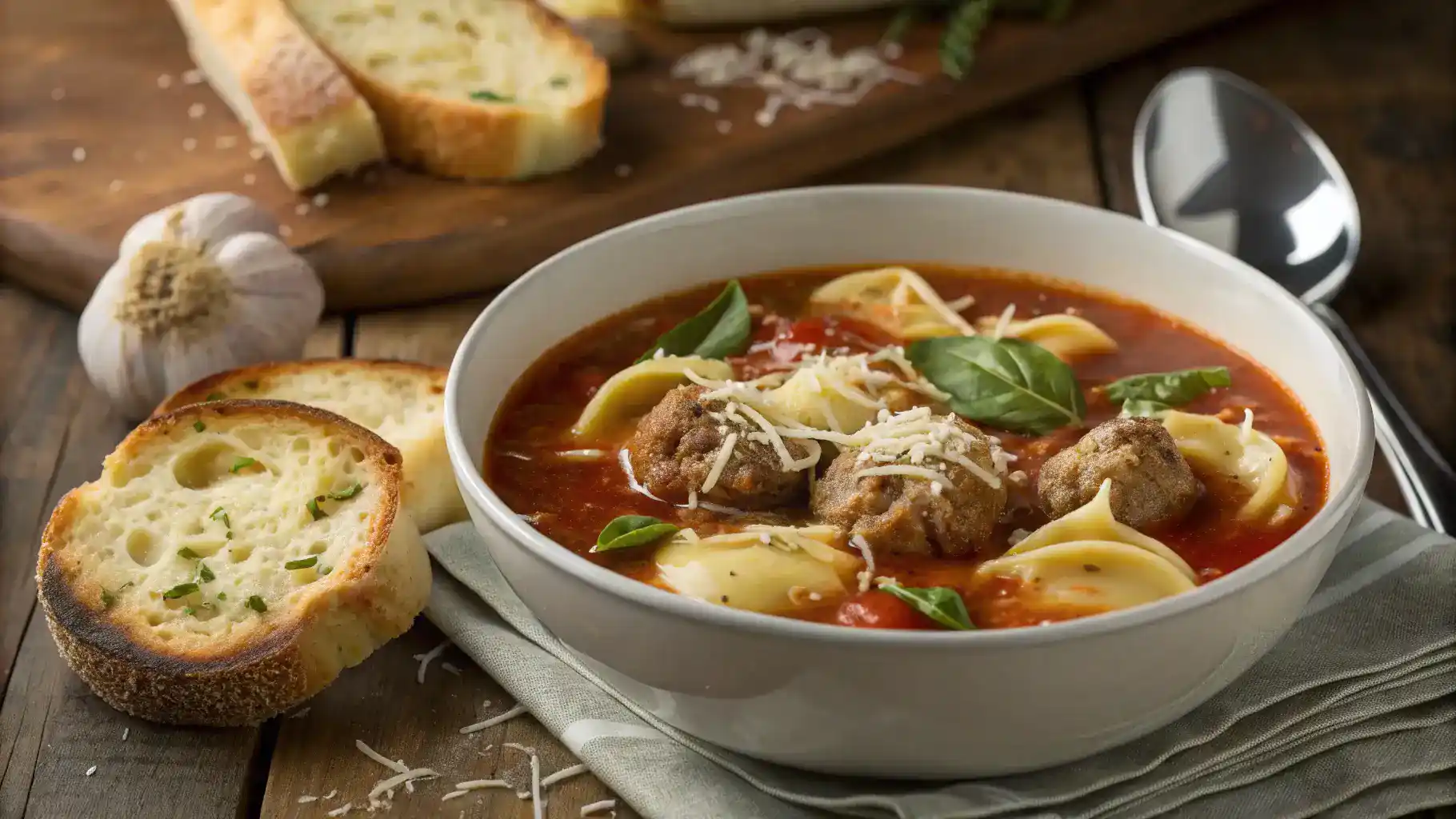 A cozy bowl of Tortellini Meatball Soup with garlic bread on the side, garnished with basil and Parmesan.