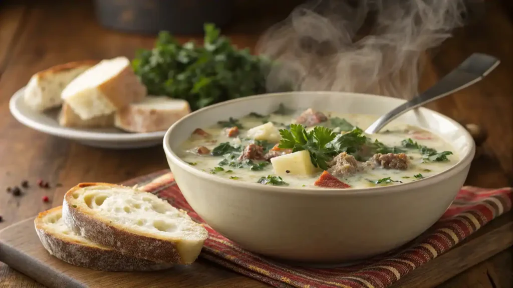 A bowl of Zuppa Toscana Soup garnished with parsley and served with bread.