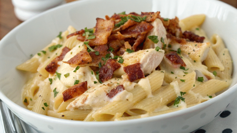 Bowl of creamy Crack Chicken Penne topped with melted cheese, crispy bacon, and fresh parsley, showcasing a rich and comforting pasta dish.