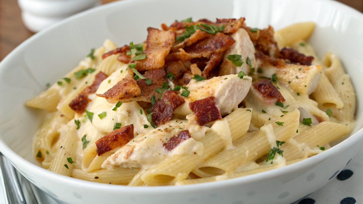 Bowl of creamy Crack Chicken Penne topped with melted cheese, crispy bacon, and fresh parsley, showcasing a rich and comforting pasta dish.