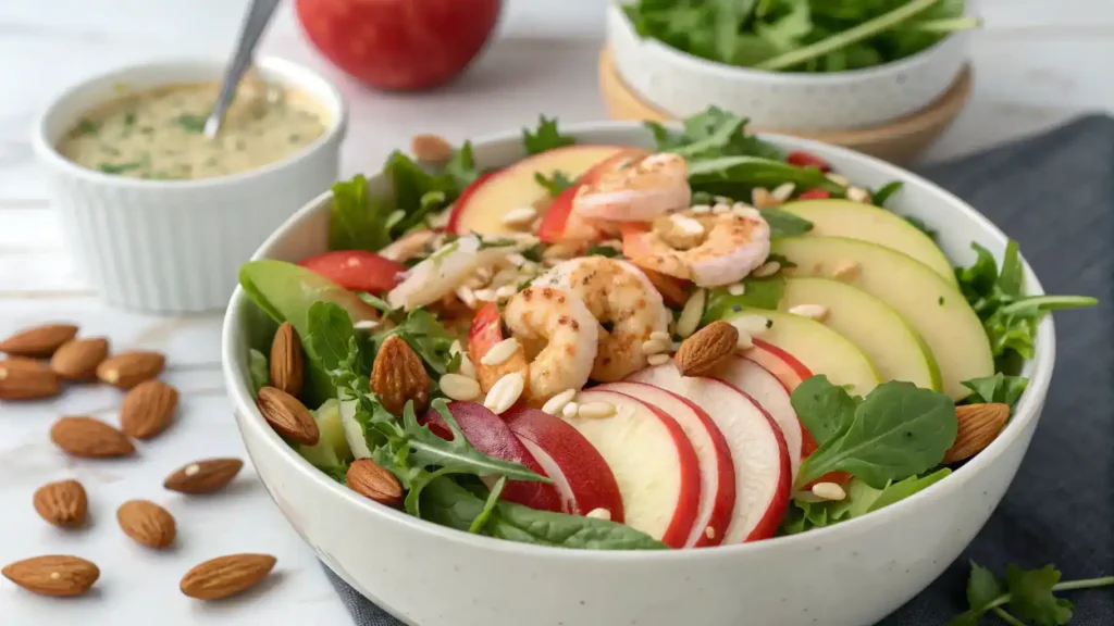 A beautifully plated Apple Almond Shrimp Salad with vibrant colors and garnishes.