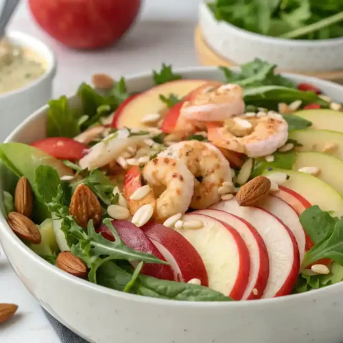 A beautifully plated Apple Almond Shrimp Salad with vibrant colors and garnishes.