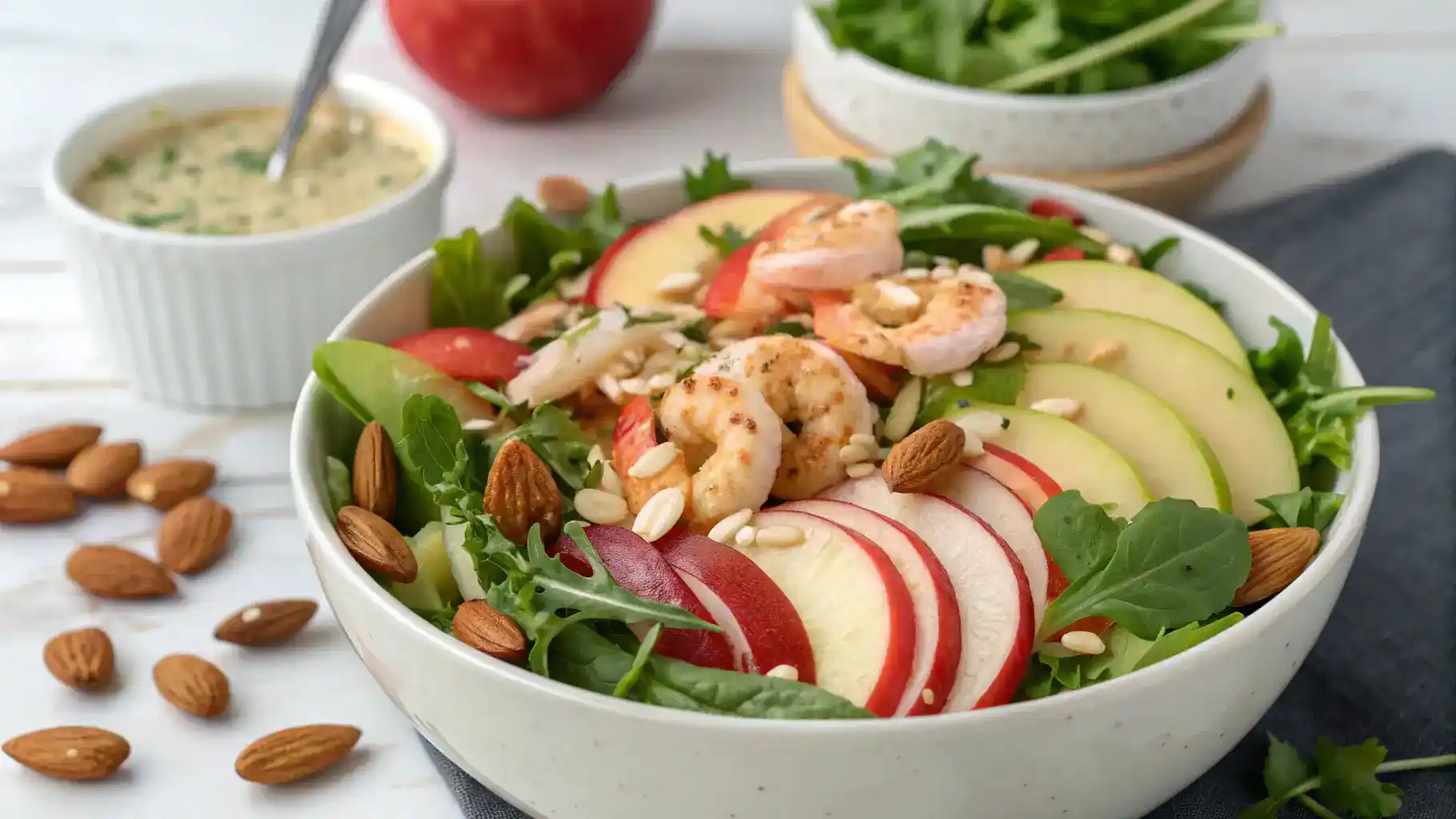 A beautifully plated Apple Almond Shrimp Salad with vibrant colors and garnishes.