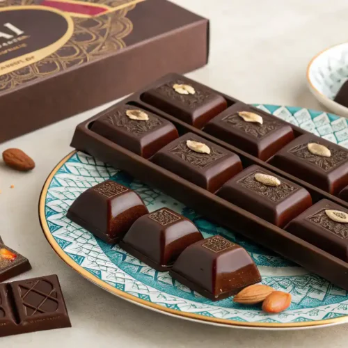 Deliciously finished Dubai chocolate bars on a decorative plate.