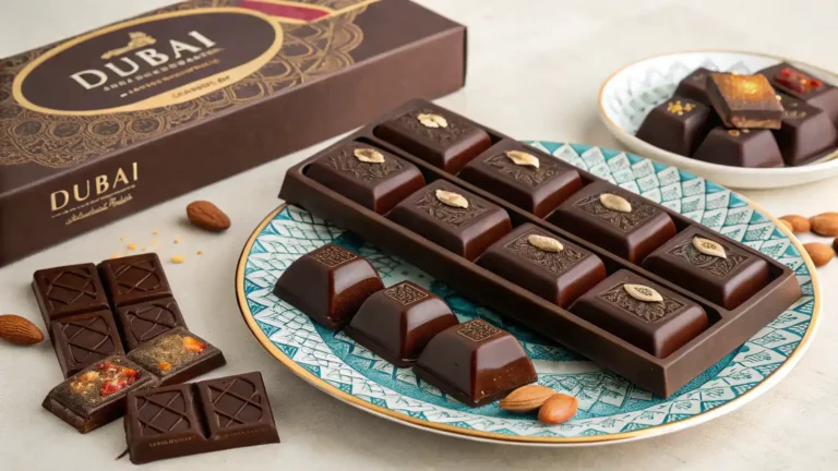 Deliciously finished Dubai chocolate bars on a decorative plate.