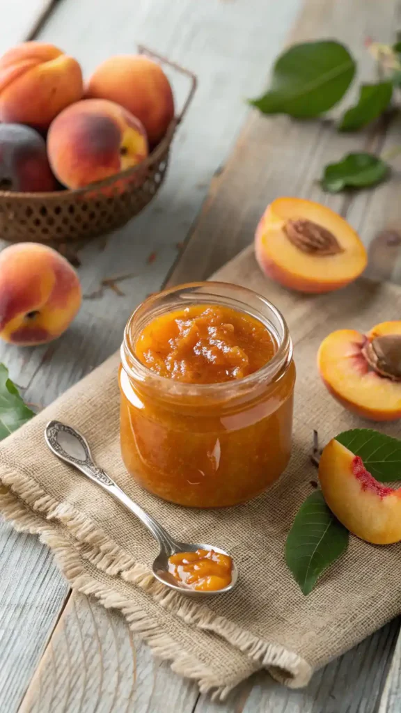 A jar of homemade peach jam with fresh peaches and a spoon on a wooden table.