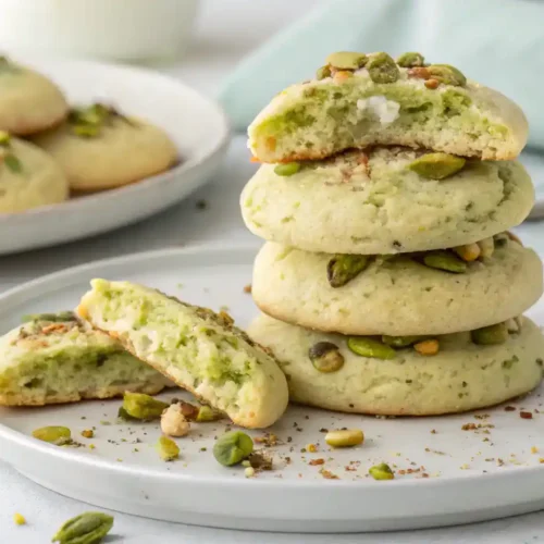 A plate of freshly baked Pistachio Pudding Cookies, some broken to reveal their soft interior.