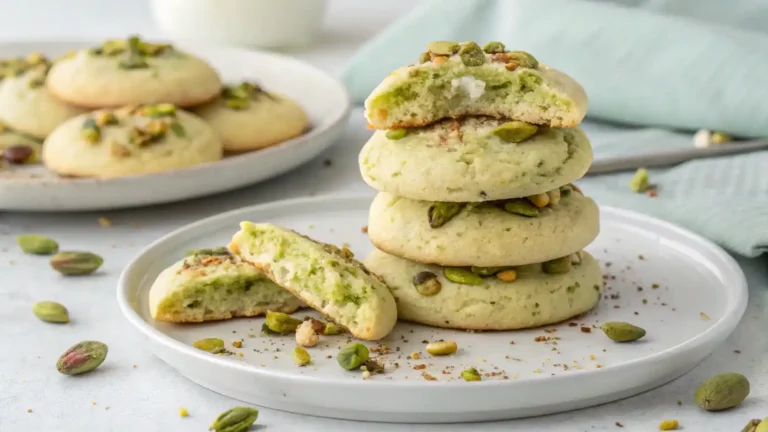 A plate of freshly baked Pistachio Pudding Cookies, some broken to reveal their soft interior.