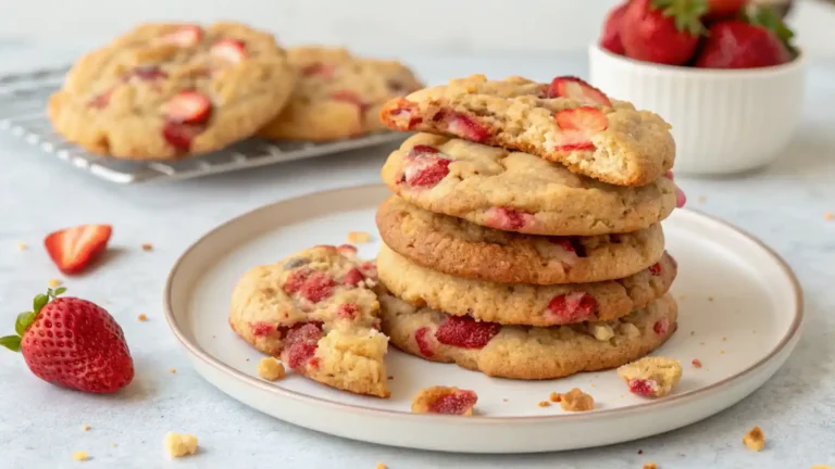 Freshly baked strawberry crunch cookies stacked on a plate.