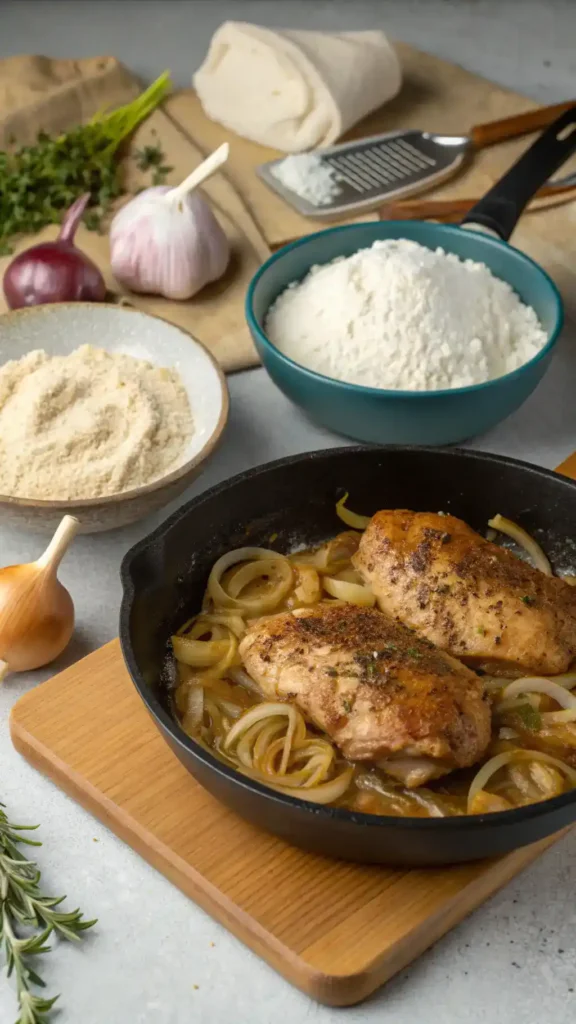 A step-by-step process of making smothered chicken, showcasing seasoned chicken, flour, and sautéed onions.