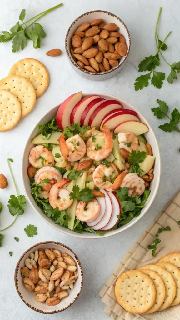 Serving suggestions for Apple Almond Shrimp Salad with garnishes and pairings.