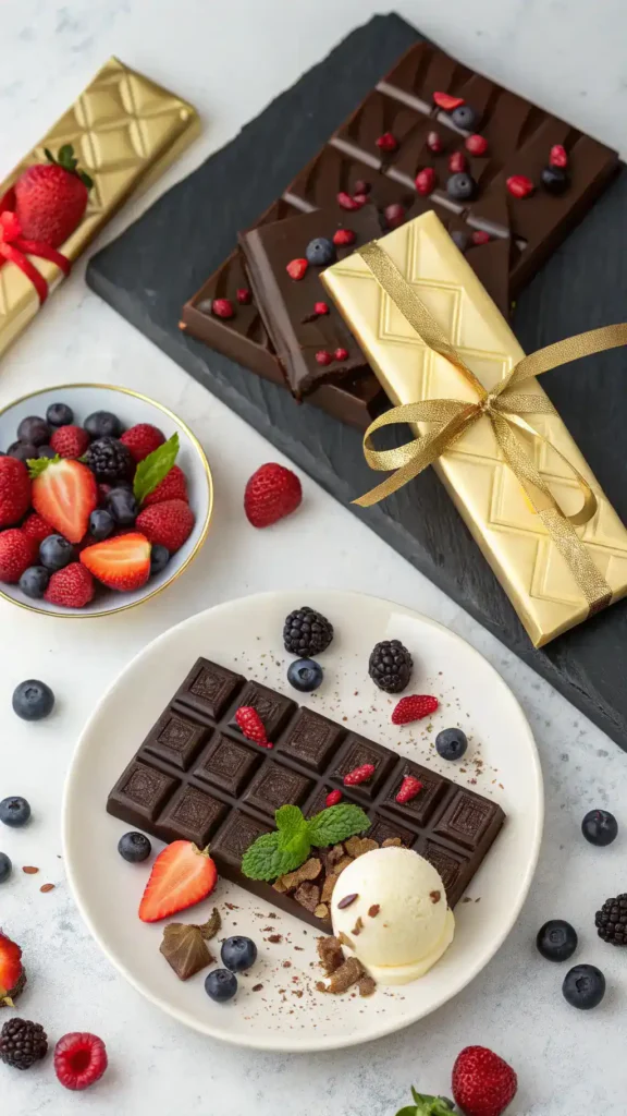 Serving suggestions for Dubai chocolate bars with ice cream and berries.