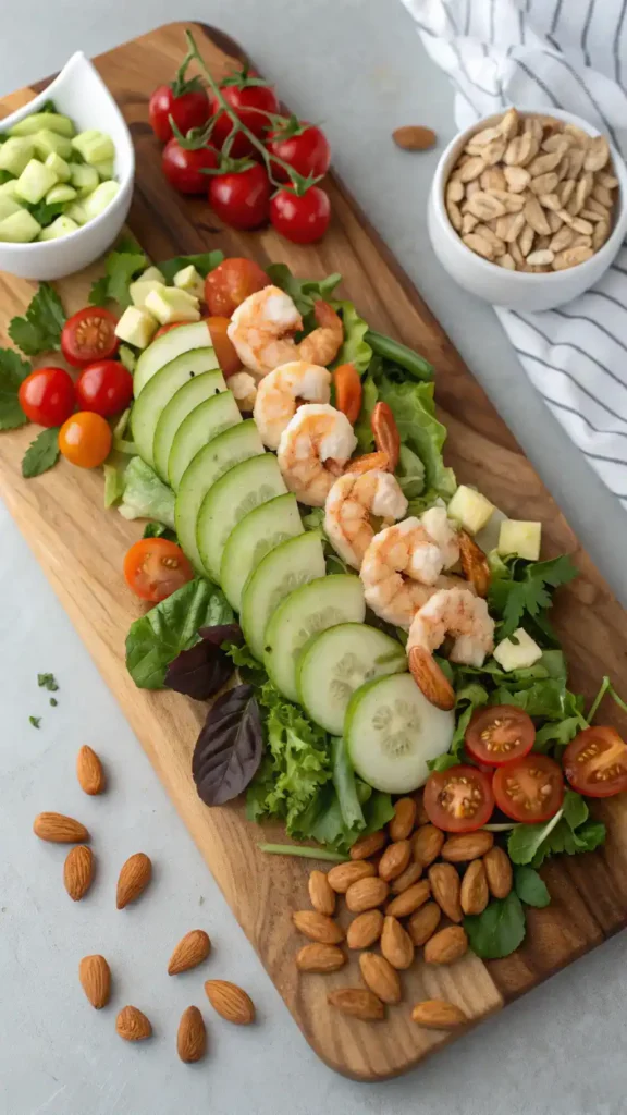 Generate a detailed image of the ingredients for Apple Almond Shrimp Salad, including shrimp, apples, almonds, mixed greens, and other fresh produce arranged beautifully.
