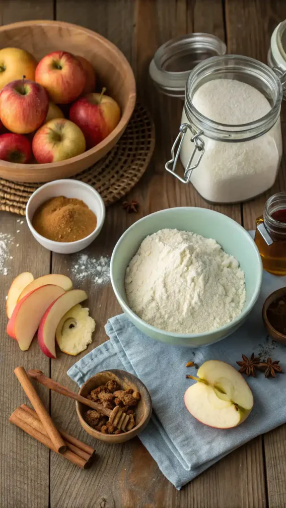Ingredients for apple bread including flour, sugar, apples, and spices on a wooden table.