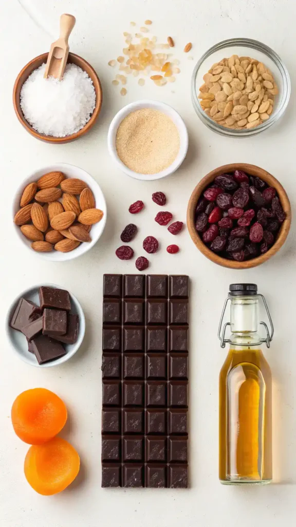 Ingredients for Dubai chocolate bar recipe displayed on a wooden table.