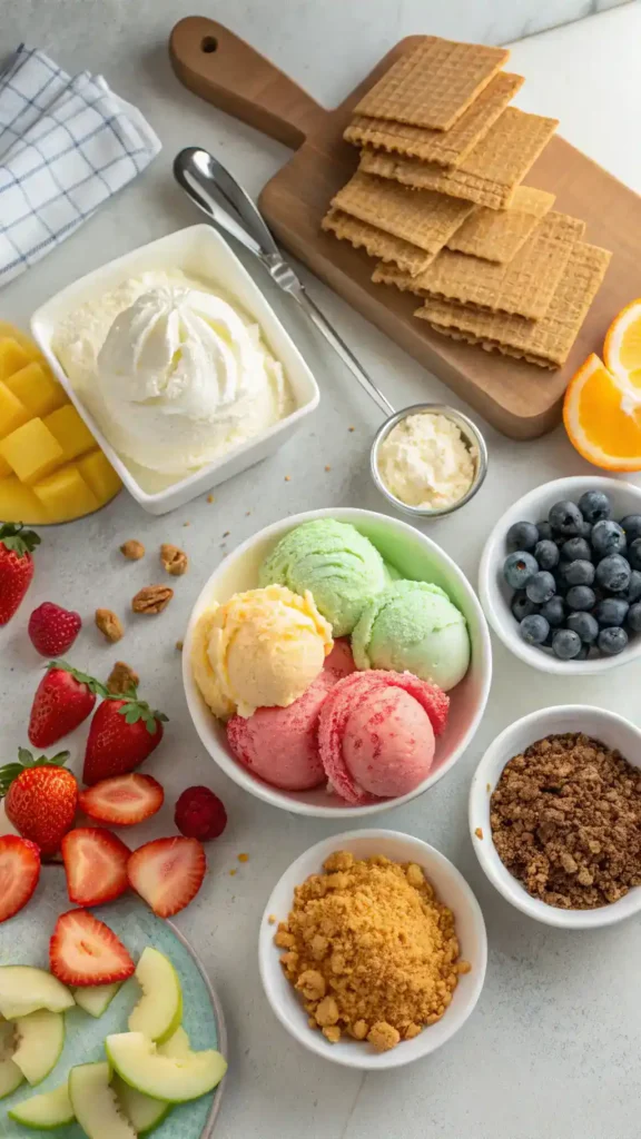 Ingredients for Easy Ice Cream Cake including ice cream, graham cracker crumbs, and fresh fruit.