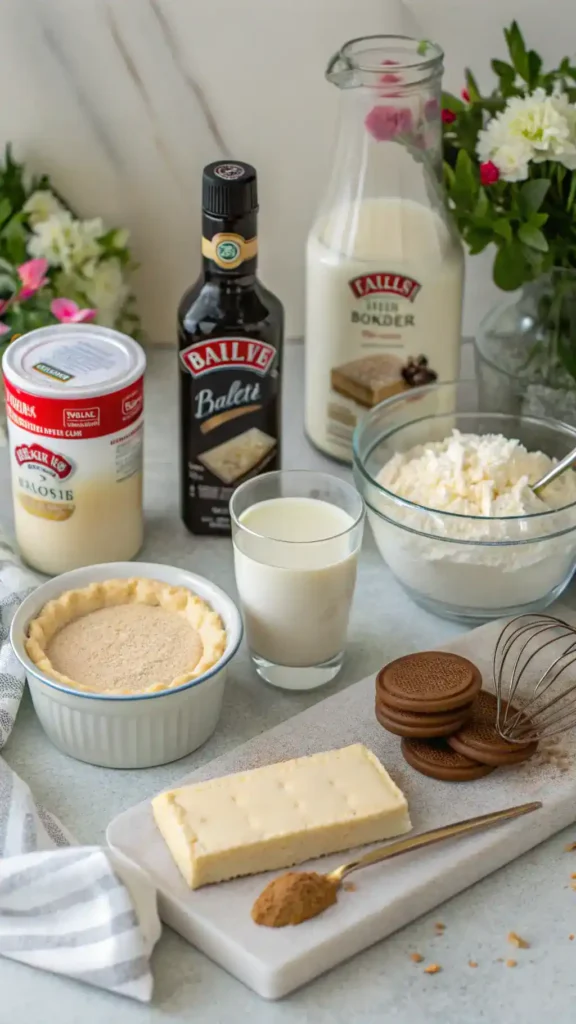 Ingredients for No Bake Baileys Cheesecake including cream cheese, heavy cream, and chocolate biscuit crumbs.