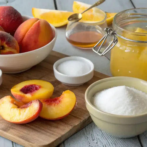 Ingredients for peach jam recipe including ripe peaches, sugar, lemon juice, pectin, and salt.