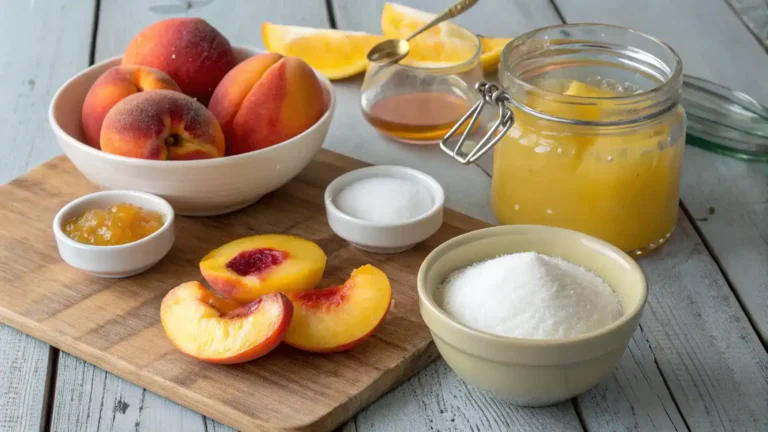 Ingredients for peach jam recipe including ripe peaches, sugar, lemon juice, pectin, and salt.