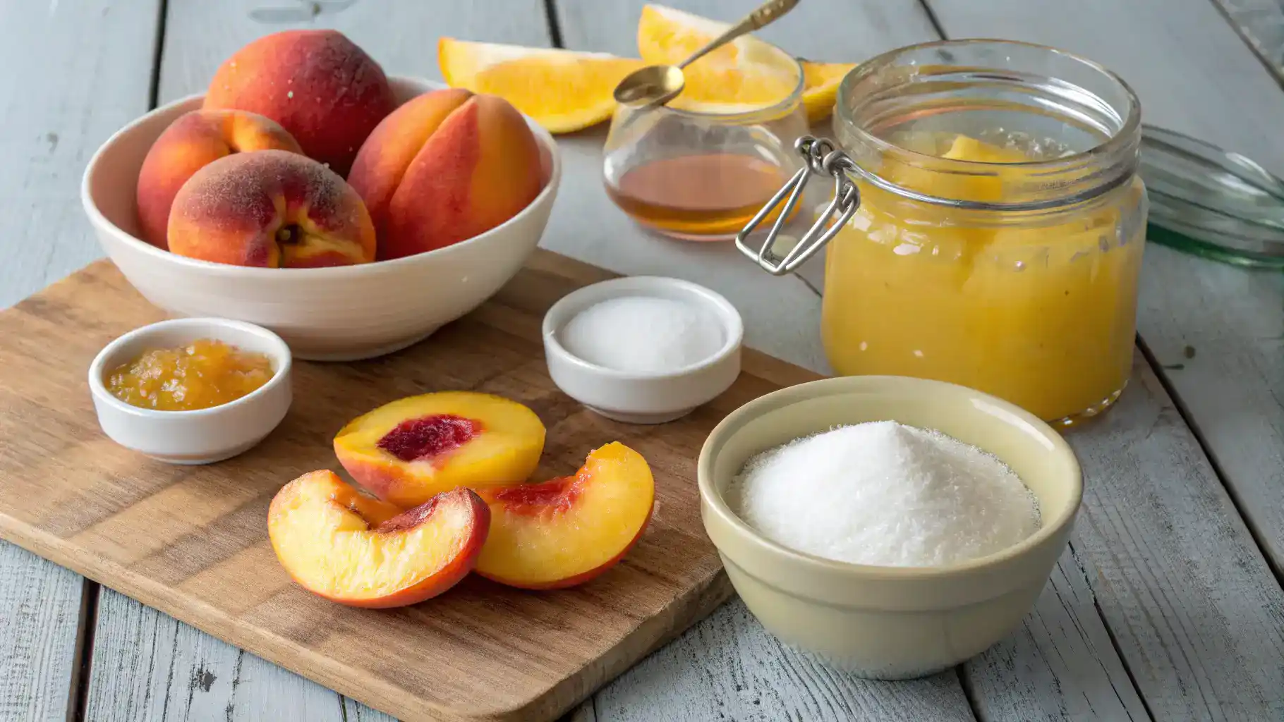 Ingredients for peach jam recipe including ripe peaches, sugar, lemon juice, pectin, and salt.