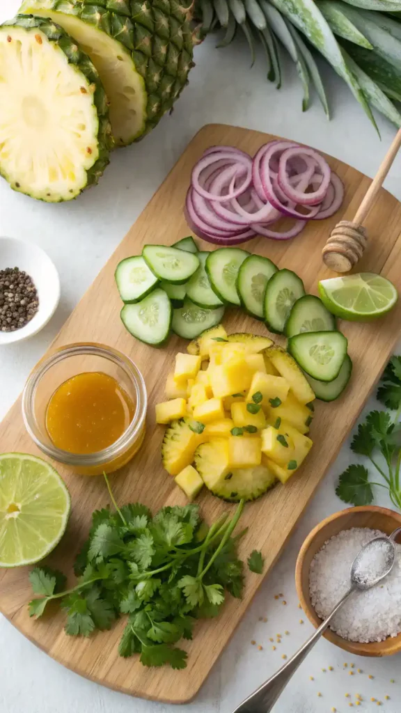 Ingredients for pineapple cucumber salad displayed on a cutting board.