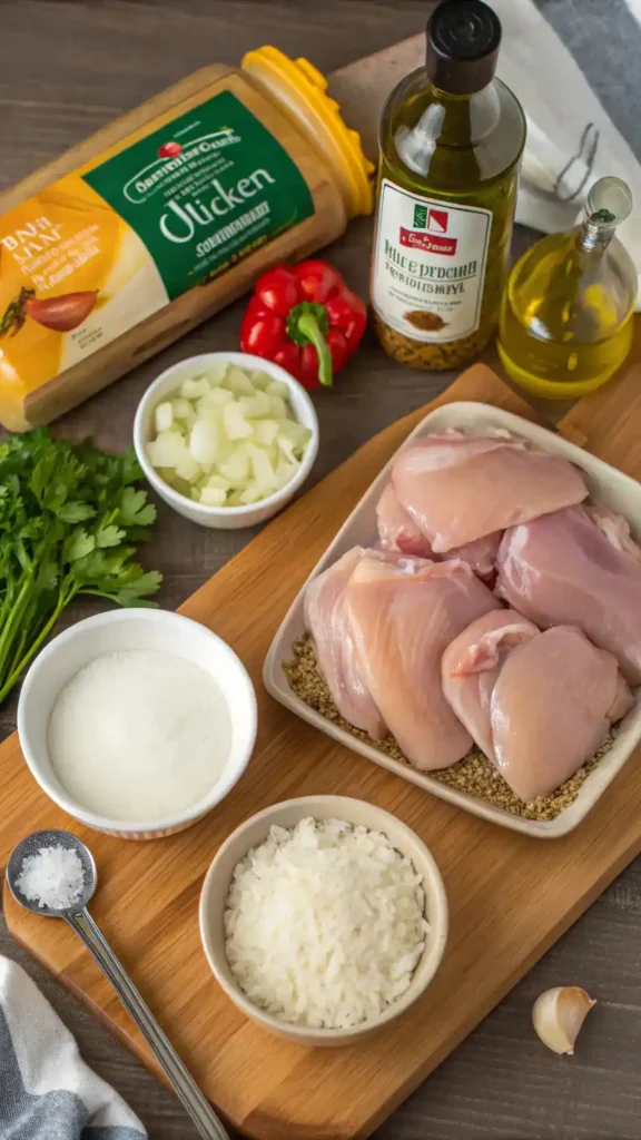 Ingredients for smothered chicken laid out on a kitchen counter.