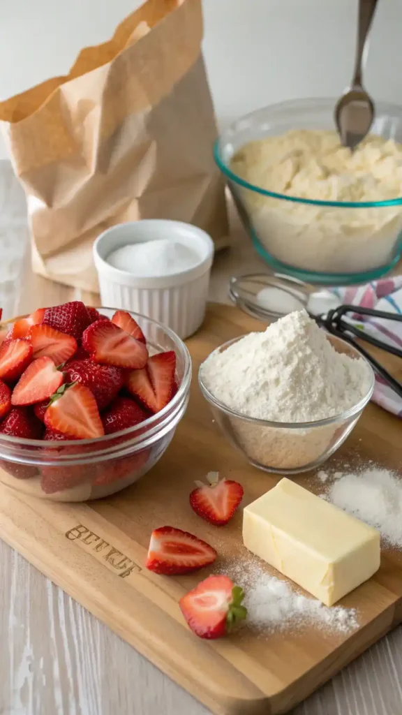 Ingredients for strawberry crunch cookies arranged on a wooden countertop.