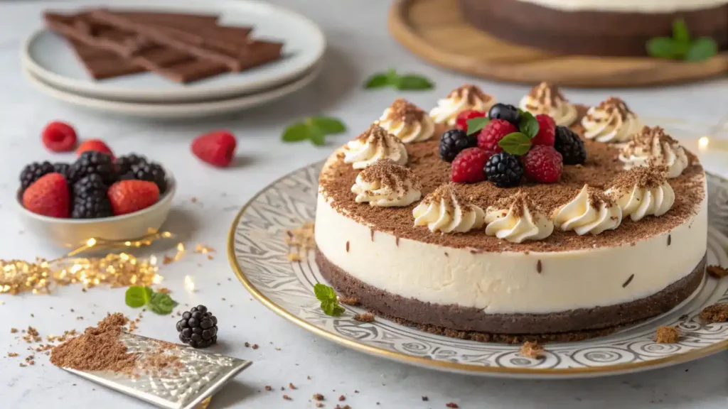 A beautifully presented No Bake Baileys Cheesecake topped with chocolate shavings and cocoa powder.