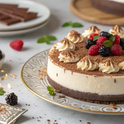 A beautifully presented No Bake Baileys Cheesecake topped with chocolate shavings and cocoa powder.