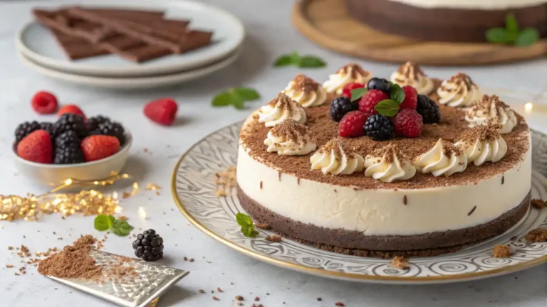 A beautifully presented No Bake Baileys Cheesecake topped with chocolate shavings and cocoa powder.
